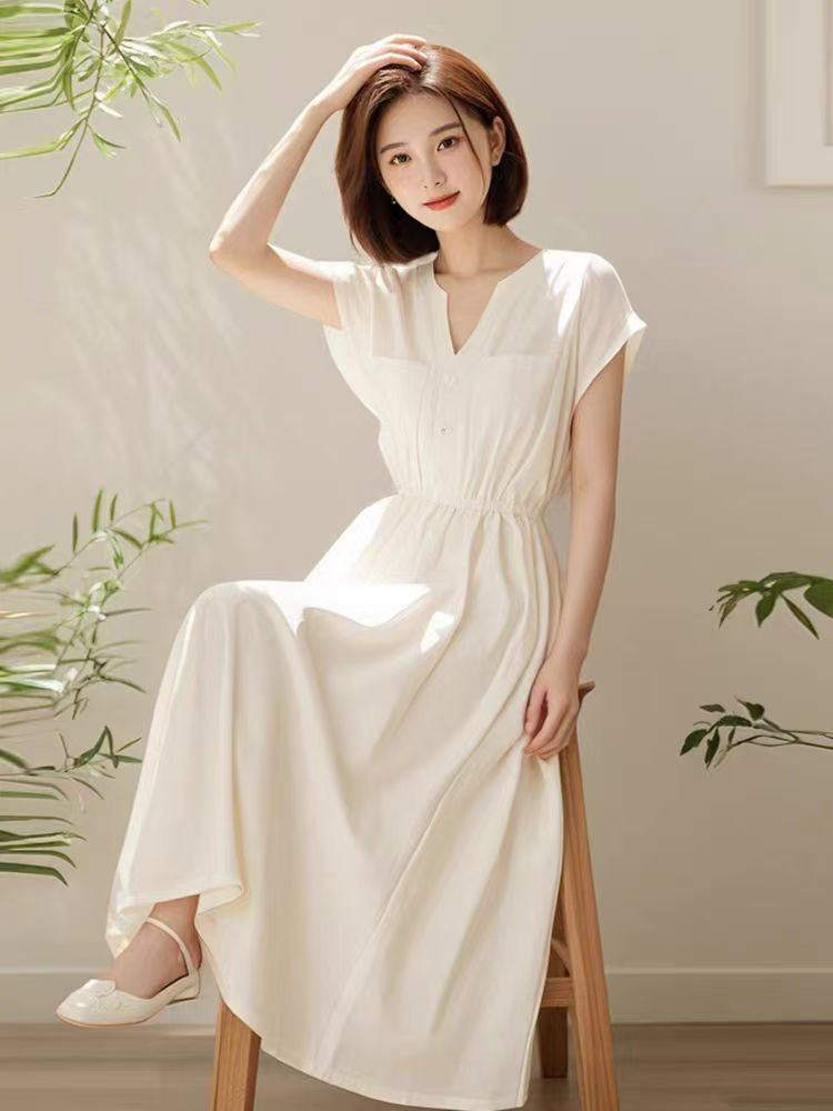 White V-Neck Short-Sleeve Dress 2026 Summer Waist-Cinching Slimming French Style Super Stylish Light Luxury A-Line Long Dress