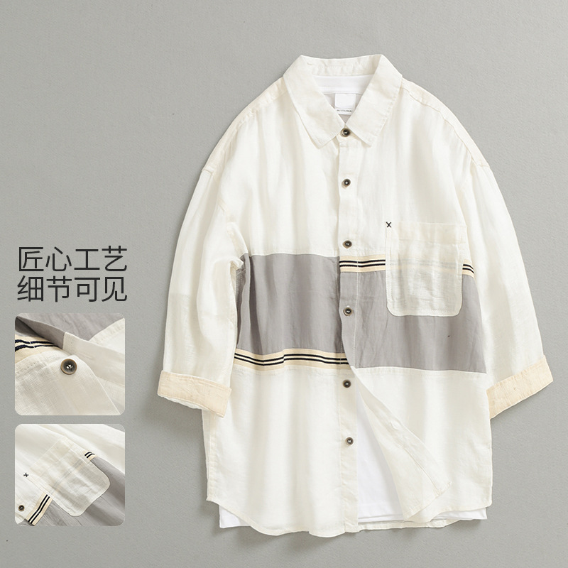 Summer New Japanese Style Fresh Striped Stitching Square Collar Linen Casual Loose Sleeve Shirt for Men Factory 3229