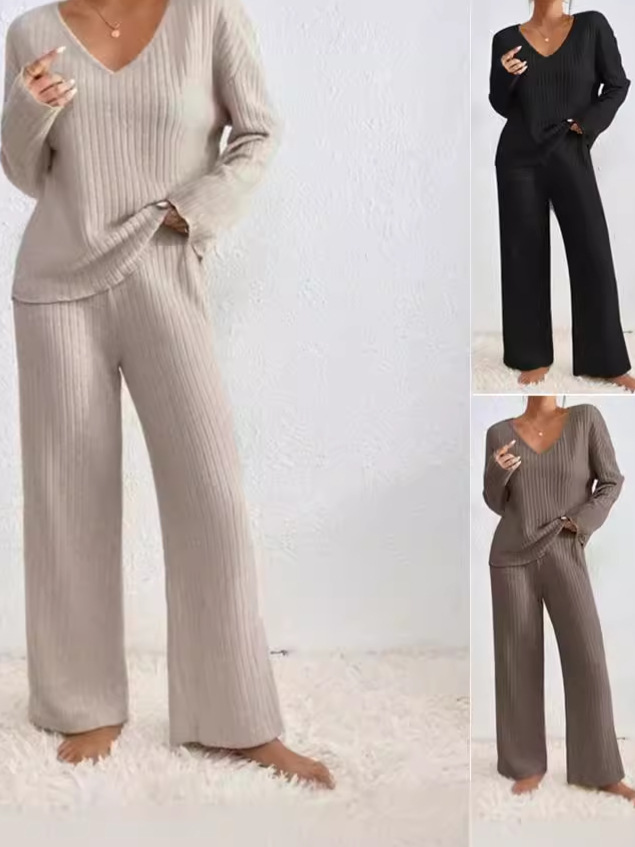 European and American Cross-border Autumn and Winter New Two-piece Fashionable Casual Straight Pants Elegant Loose V-neck Pit Knitted suit