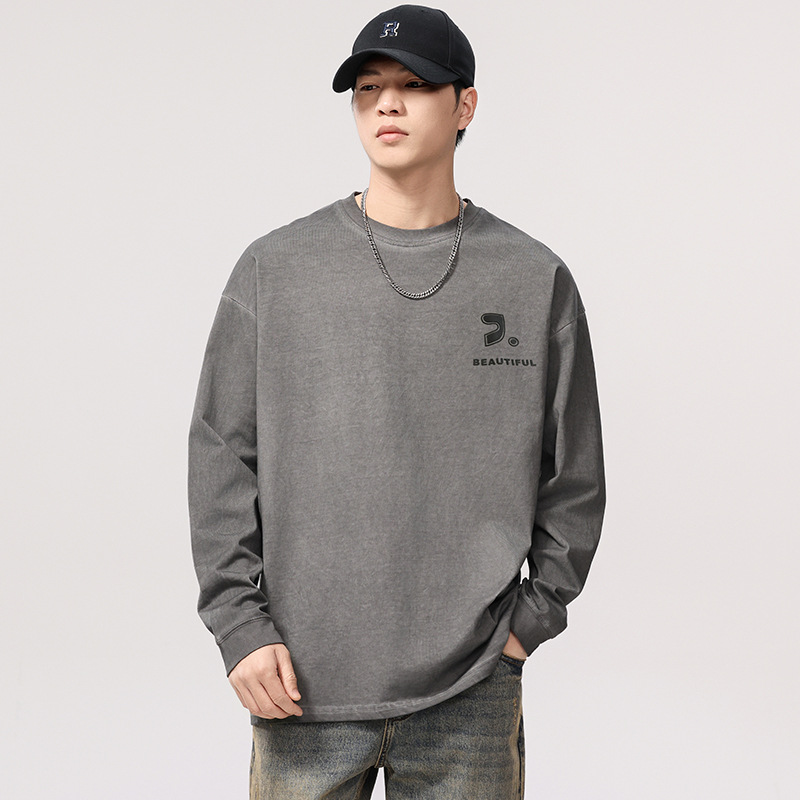 F1276 | plus size Men's Spring New 280G Heavy Retro Fried Color Long Sleeve T-shirt Men's Loose Old Jacket