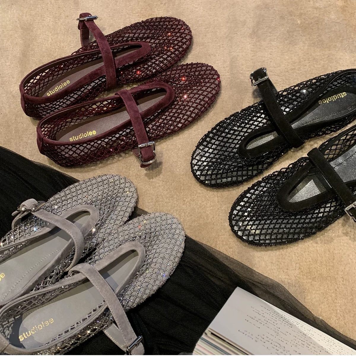 Rhinestone Ballet Shoes for Women, High-Top Version, 2026 Spring Vintage Suede Flat Shoes with a Single Strap and Fishnet Cutouts, Mary Jane Style