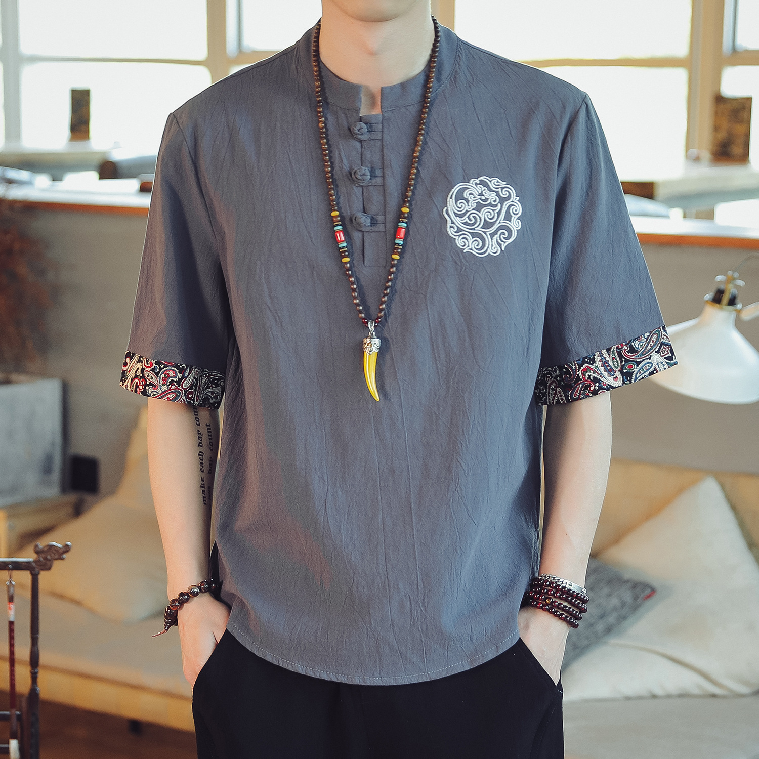 Linen Short-sleeved T-shirt Men's V-neck Loose Half-sleeved Chinese Style Tang Clothes Men's Trendy Brand Retro Trendy Fat Men's Cotton Linen