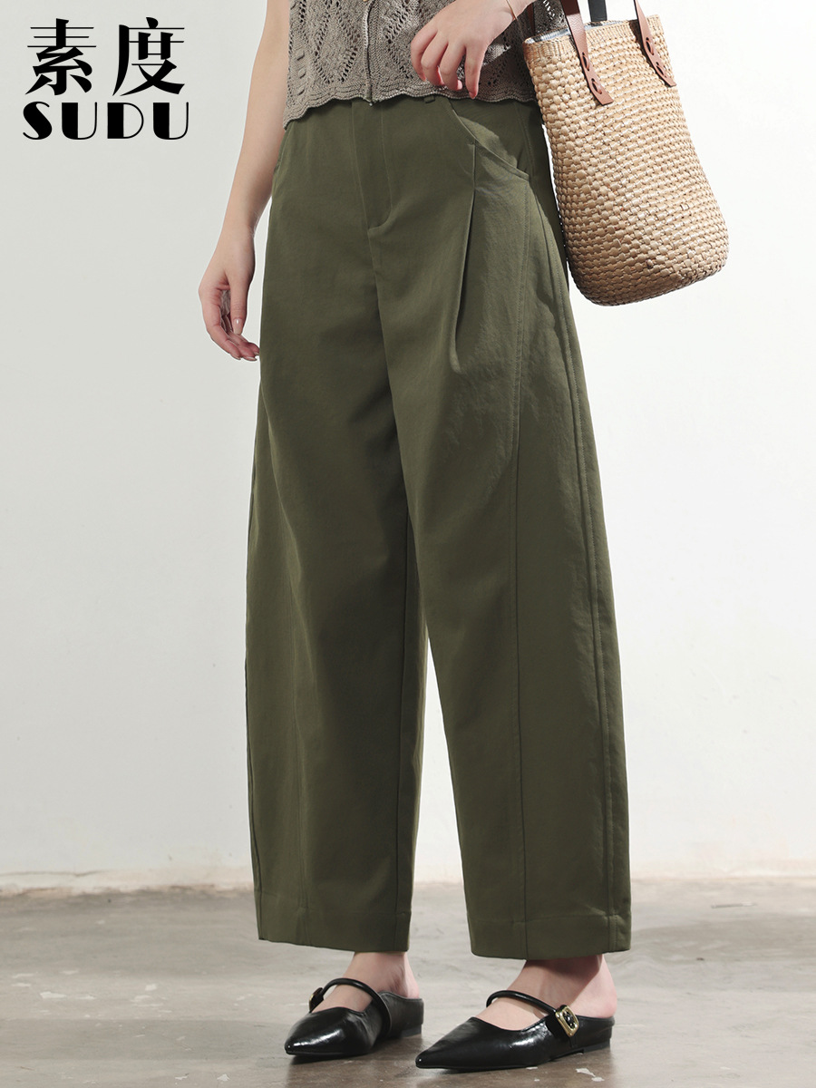 Sudu's New Summer Moss Green Loose-Fit 3D Pleated Scythe Pants with Elastic Waistband, Cropped Loose Casual Pants, Thin