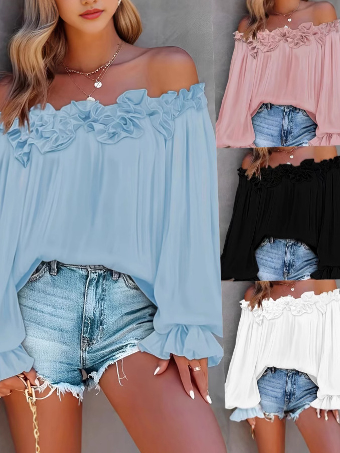 Hot-Selling New Style Elegant Casual Off-Shoulder Long-Sleeve Top with Ruffle Sleeves Loose-Fit Women's Shirt