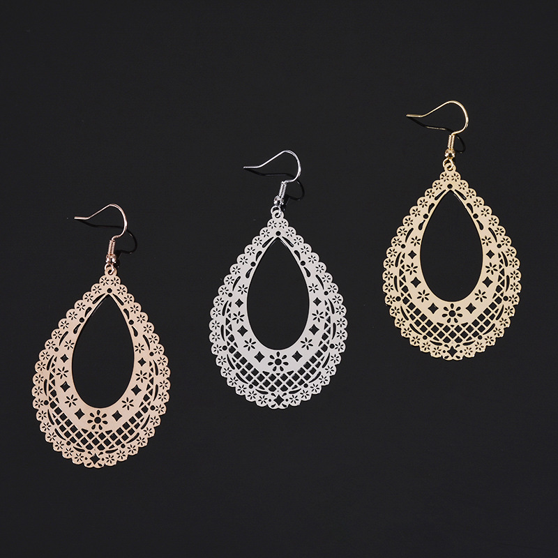 European and American Popular Ear Jewelry Women's Vintage Drop-Shaped Metal Plate Flower Computer Piece Rose Gold Ethnic Style Earrings