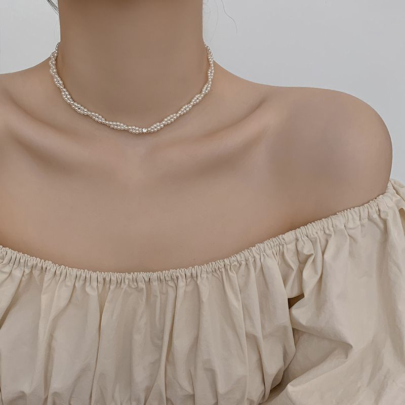Light luxury zircon Pearl woven necklace fashion niche simple clavicle chain temperament versatile high-end feeling necklace wholesale