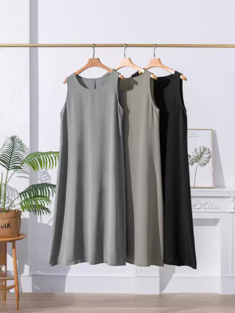 Heavy Weight Silk Dress Women's Summer Black Mulberry Silk Long Skirt Round Neck Sleeveless Vest Dress Long Inner Wear