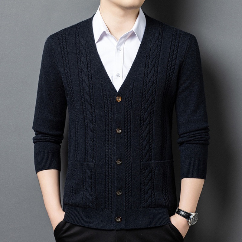 2025 Autumn Men's Solid Color V-Neck High-End Knitted Cardigan Sweater New Knitted Dad Style Jacket