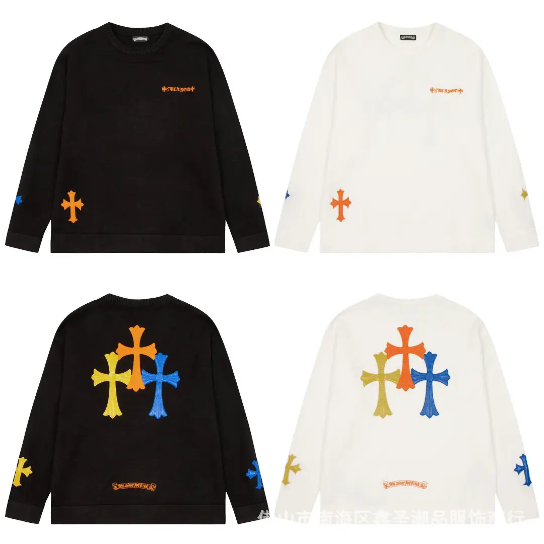 Croda Chrome heart New Color Cross Leather Sweater Men's and Women's Round Neck Loose Knitted Sweater
