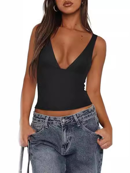 Amazon Cross-Border T-Shirt Women's Spring V-Neck Sexy Navel-Baring Slim Vest Basic Sleeveless Milk Silk Suspender Belt