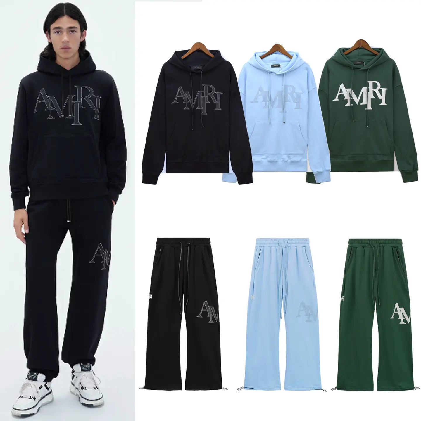 Cross-Border Trendy Brand Autumn and Winter Amiri Logo Letter High-Quality Terry Hoodie Sweatshirt Sweatpants Long Pants for Men and Women