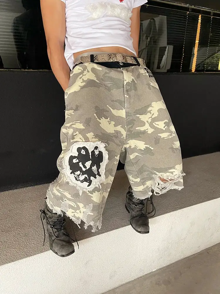 IHF Frank Camouflage Sticker Embroidered Character Printed Cropped Pants Men's and Women's Straight Casual Abi BF Loose-INFiniTE HF