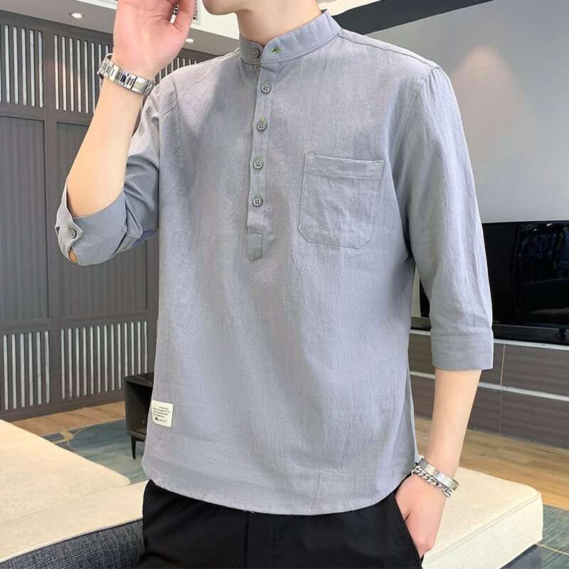 Summer Men's Seven-Sleeve Cotton T-Shirt Fashionable Korean Style Vertical Collar Pullover Shirt Men's Short-Sleeved Linen T-Shirt Top