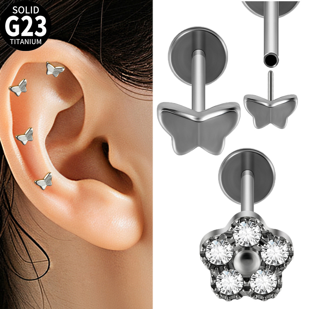 Cross-border G23 Titanium Pin Lip Nail T-shaped Plane Butterfly Ear Nail Five Zircon Flowers Puncture Ear Bone Nail Earrings