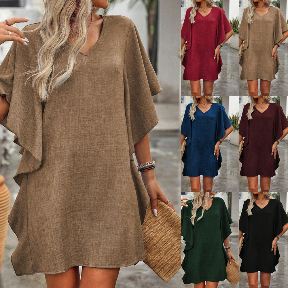 2026 European and American Cross-Border Women's Clothing Amazon Independent Site Summer Solid Color Loose Ruffled Flowing V-Neck Dress