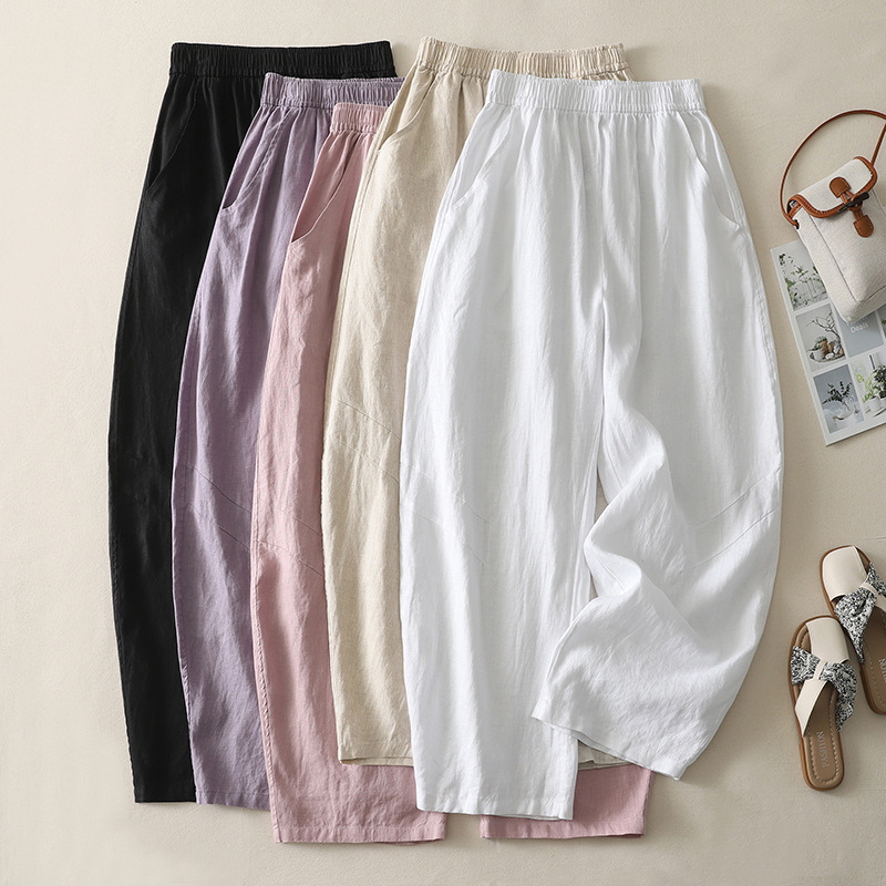 Solid Color Cotton and Linen Elastic Waist Wide-Leg Pants for Women, Loose Casual Versatile Straight-Leg Pants, 2026 Spring New Style Cropped Pants for Women