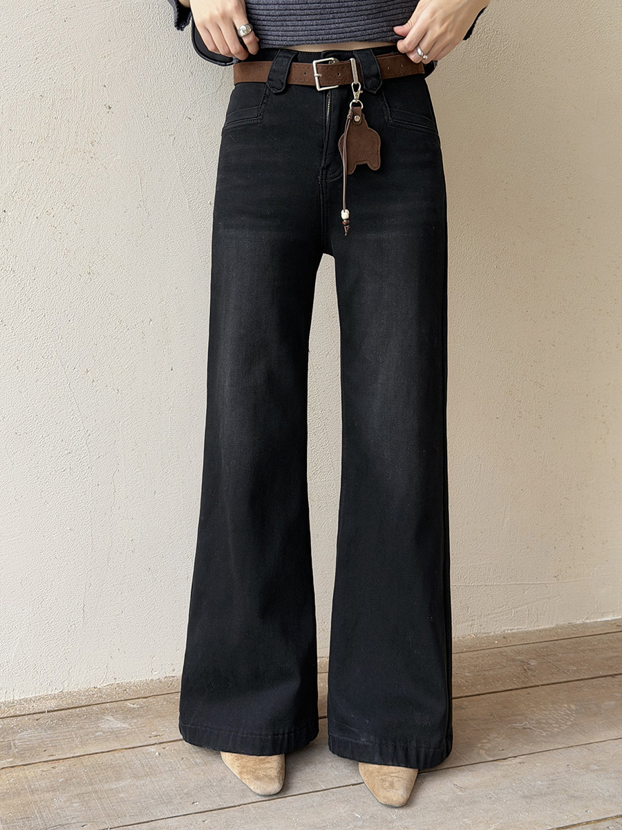 [Geming] Retro Distressed Velvet Thickeneded High-Waisted Bootcut Jeans for Women Winter New Straight Pants N954C