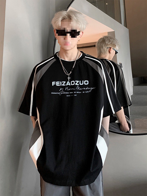 Short-Sleeved T-Shirt Men's 2025 Summer American High Street Fashion Brand Handsome Motorcycle Style Stripesd Splicing Loose Half-Sleeved Clothes