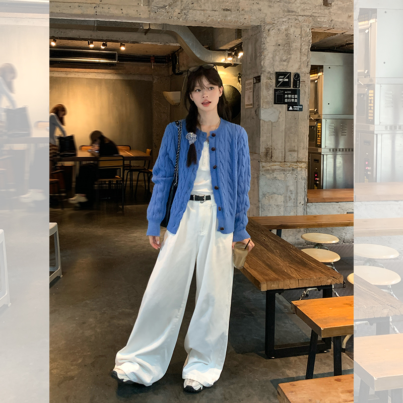 Blue Button Twist Fashion Knitted Cardigan Women's Spring New Korean-style Loose Slimming Long-sleeved Sweater Jacket for Women