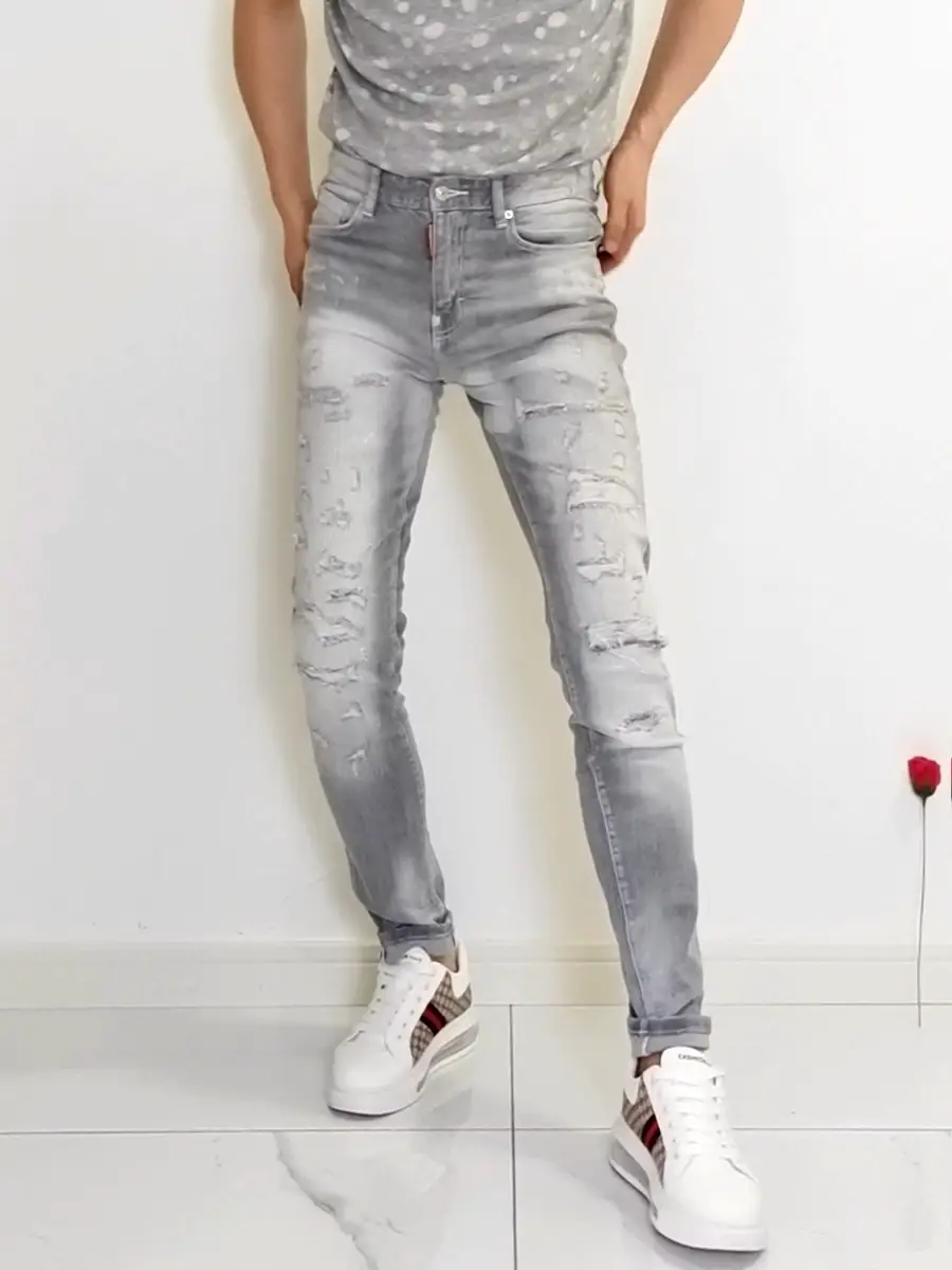 European goods heavy industry washed, smoke gray, scraped, worn, fake hole patch, slim fit, small feet, square D jeans, men's