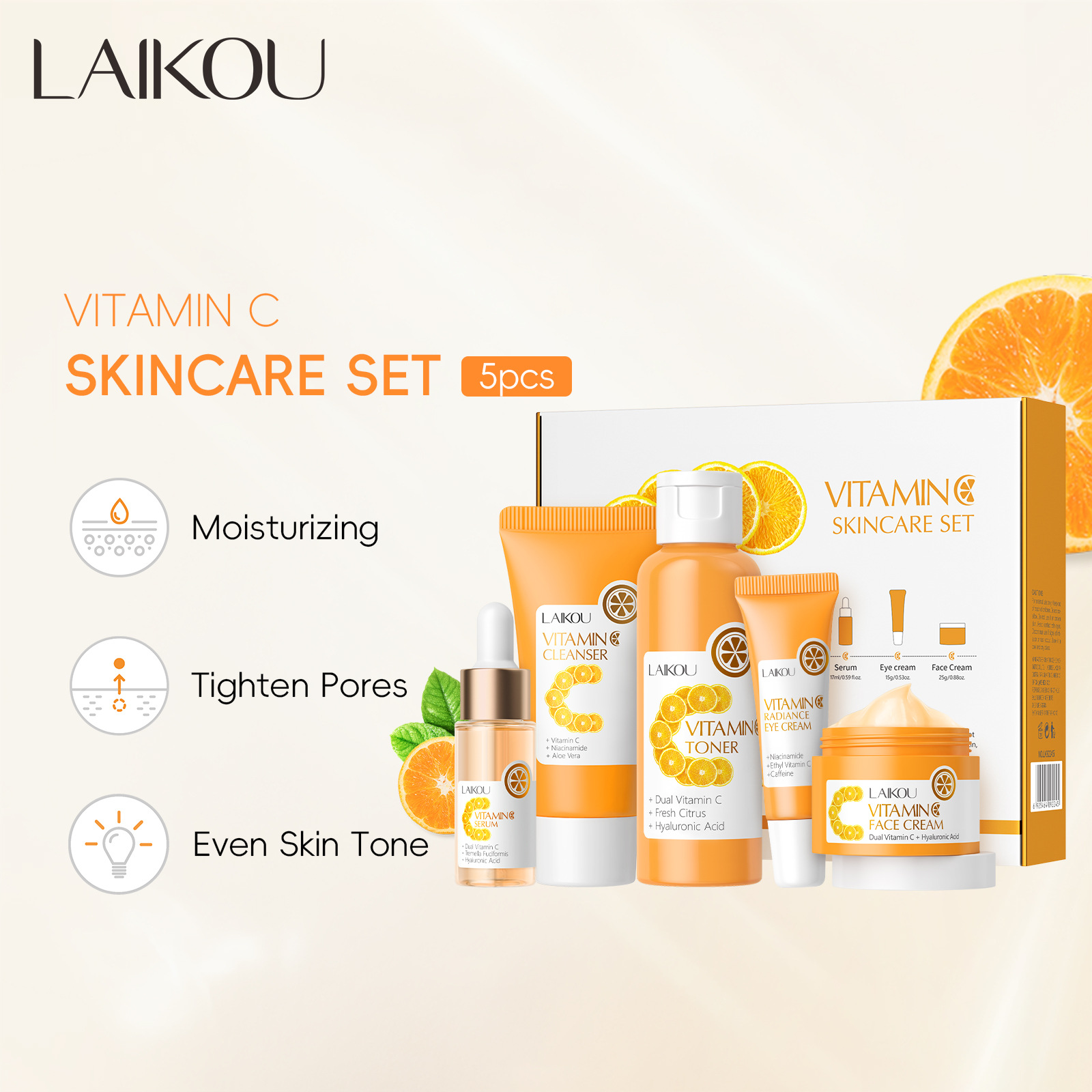 Cross-Border Laikou Vitamin C Series Skin Care Product Set 5-Piece Set Cleansing Toner Essence Eye Cream Essence Cream