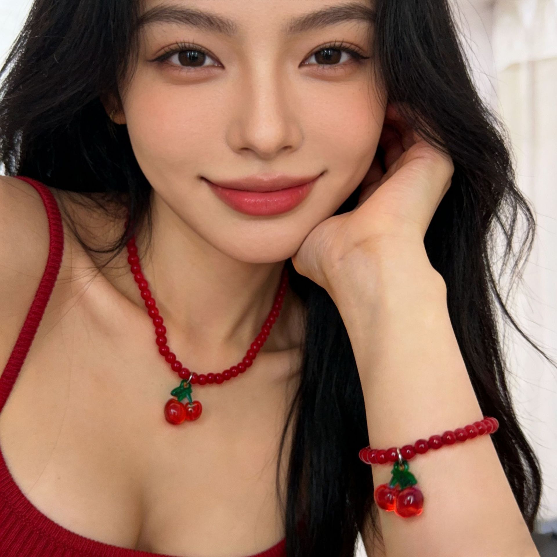 New Year's New Cute Red Cherry Beaded Titanium Steel Necklace for Women, Light Luxury Niche Fruit Bracelet, Sweet Clavicle Chain