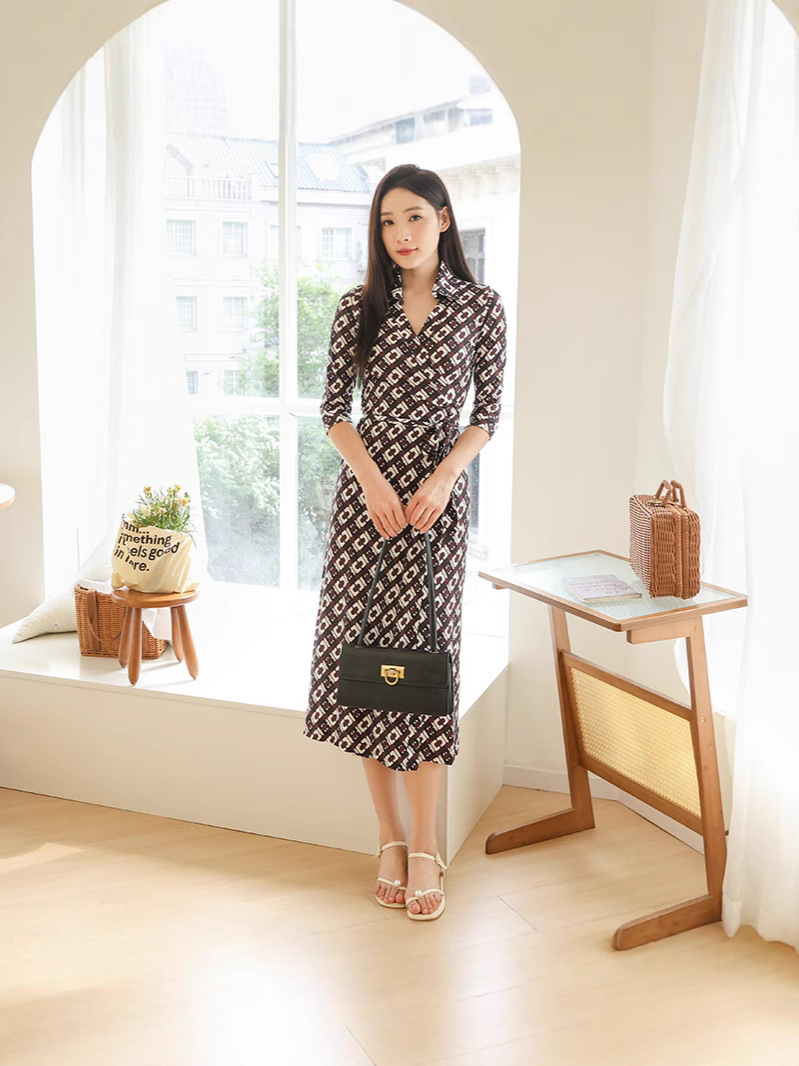 Summer Brown Chain Printed POLO Collar Strap Wrap Dress Fashionable Elegant Waisted Hip Split dress