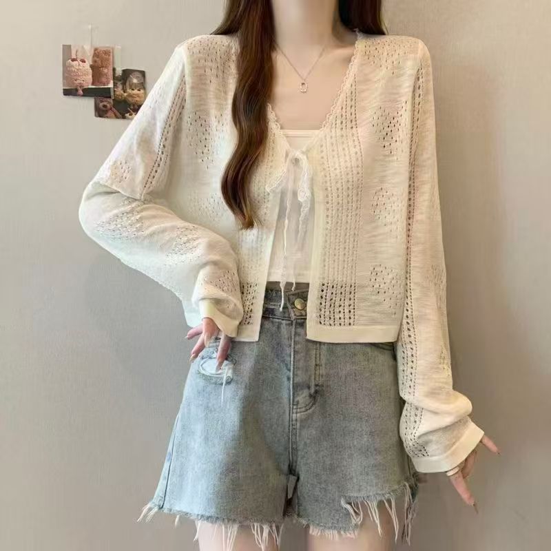 "3.26/Spring New Collection" Xuan Xiao Jie Hollow-Out Lace-Up Ice Silk Sun-Protective Knit Cardigan