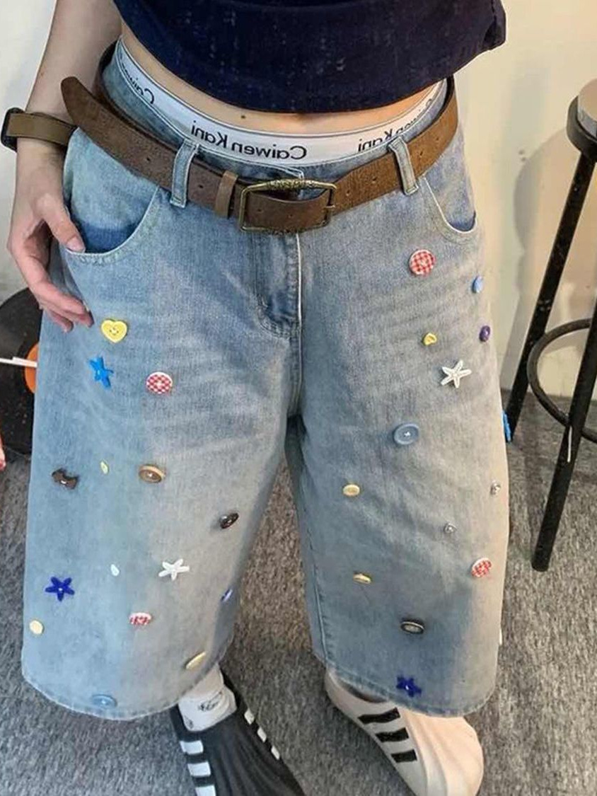 American Retro Dopamine-Colored Buttoned Cropped Jeans for Women, Summer Straight-Leg Wide-Leg Shorts