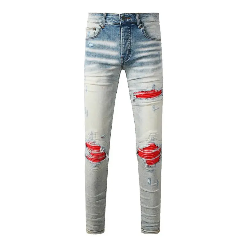 Europe and the United States high-street fashion men's jeans do old blue washed holes sticker leather tide brand elastic tight small leg pants male