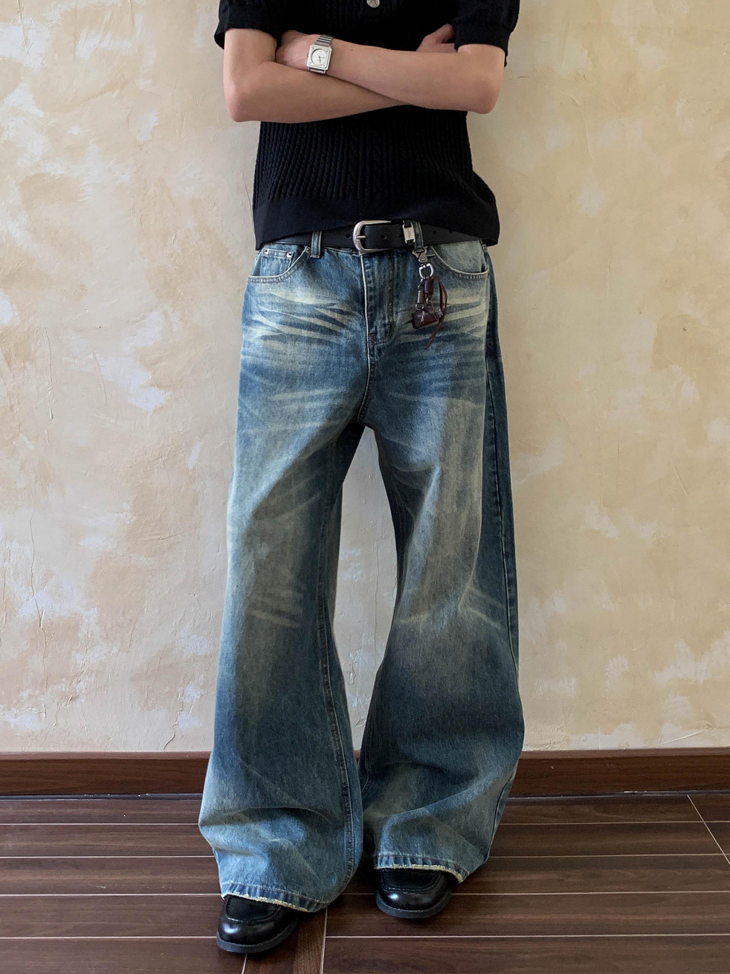 Oalin American High Street Whiskered Washed Straight-Leg Jeans Trendy Vintage Casual Floor-Length Couple Pants QC 写真 TAOBAO Qualit.ly