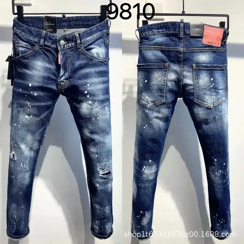 9810 Ripped Pants Quadratic Jeans Men's Trendy Cool Fashionable Small Feet Denim Pants New Cross-border Style