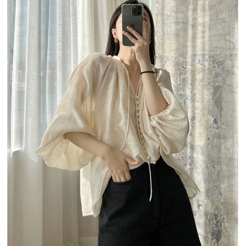 Slightly Sheer Linen V-Neck Blouse with Floral Puff Sleeves for Women, 2026 Spring and Autumn New Stylish Design Slimming Top