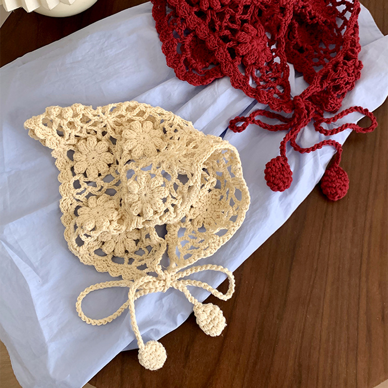 Handmade Crocheted Knitted Headscarf Triangle Scarf for Women Summer 2025 New Pastoral Style Tassel Baotou Hat Cut Out Hat
