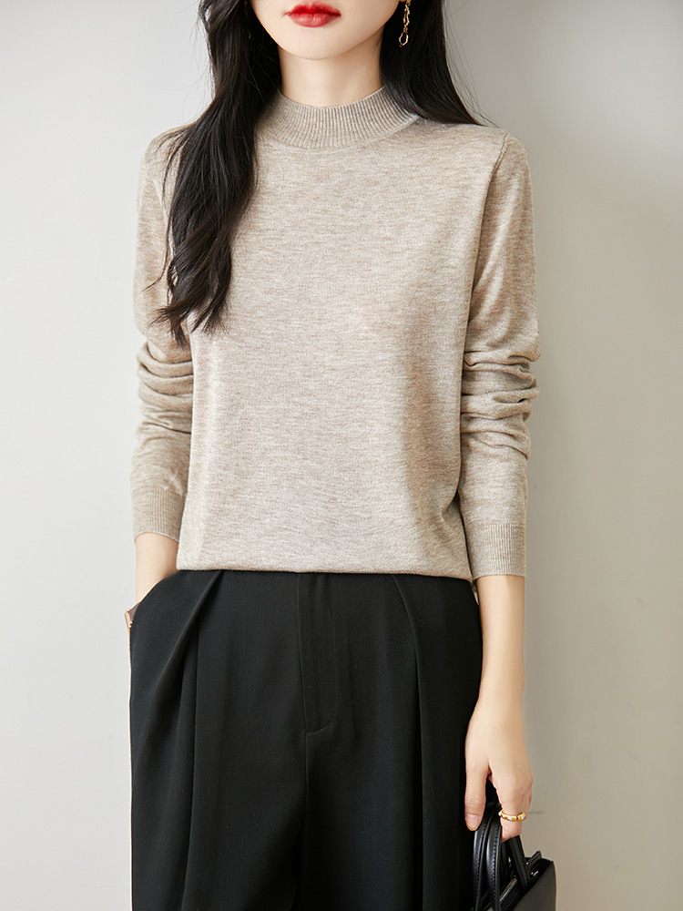 Classic and Simple Autumn and Winter Worsted Thin Knitted Soft and Waxy Skin-Friendly Slimming Look Long-Sleeved Half Turtleneck Wool Bottoming Shirt for Women