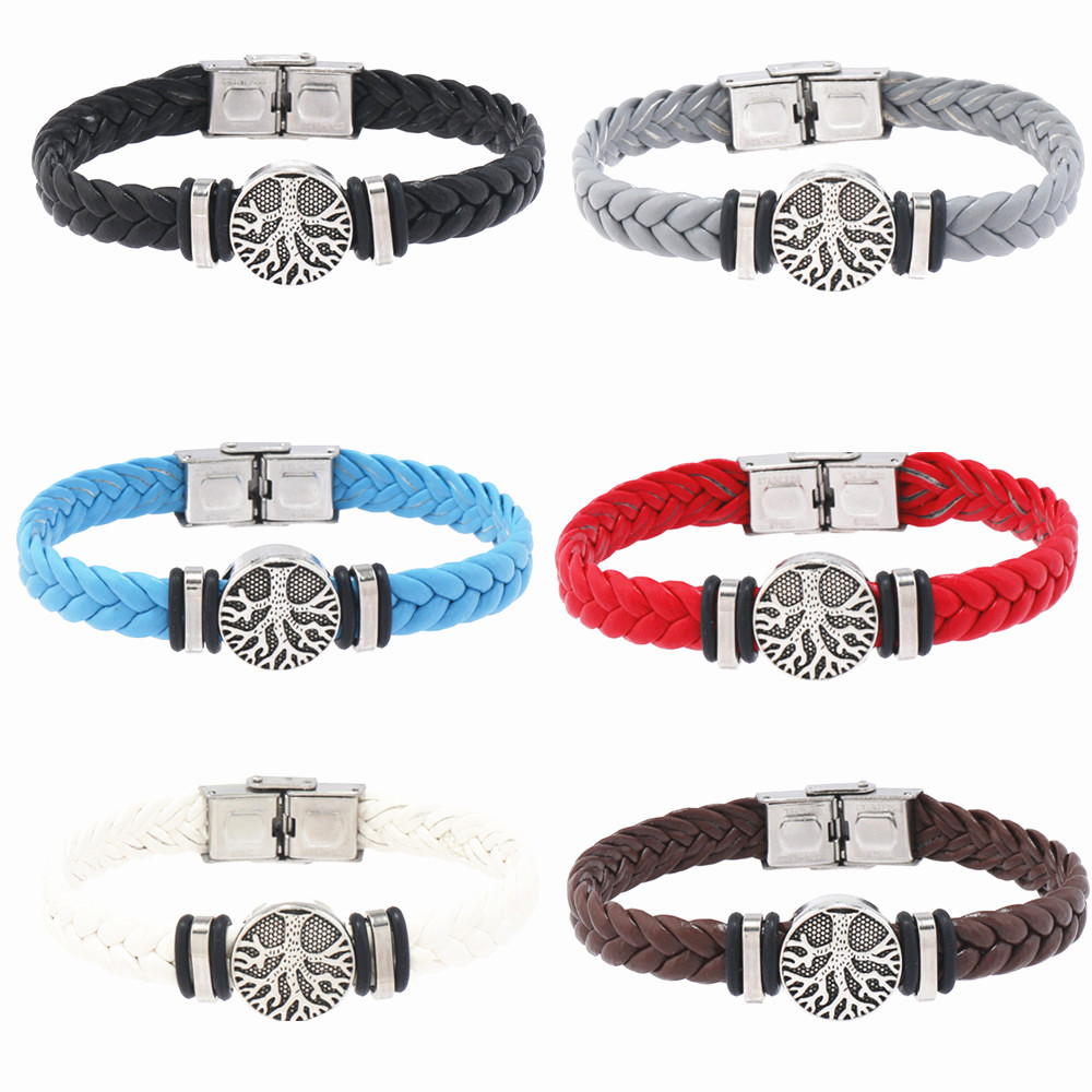 European and American Cross-border Stainless Steel Buckle Jewelry Men's Personality Peace Tree Leather Bracelet Life Tree Gift Bracelet Hand Rope Foto QC de 1688 na Qualit.ly