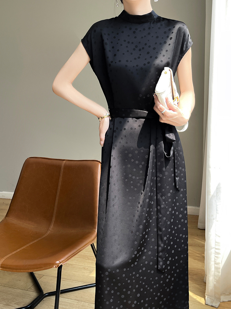 Summer New High Satin dress Sleeve Polo Point Silk Fabric Over-knee Temperament Skirt New Wholesale