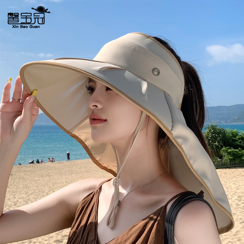 Summer Colored Glue Big Brim Sunshade Hat Women's Outdoor Shawl Neck Protection Empty Top Sunscreen Hat for Seaside Outings Fisherman Hat