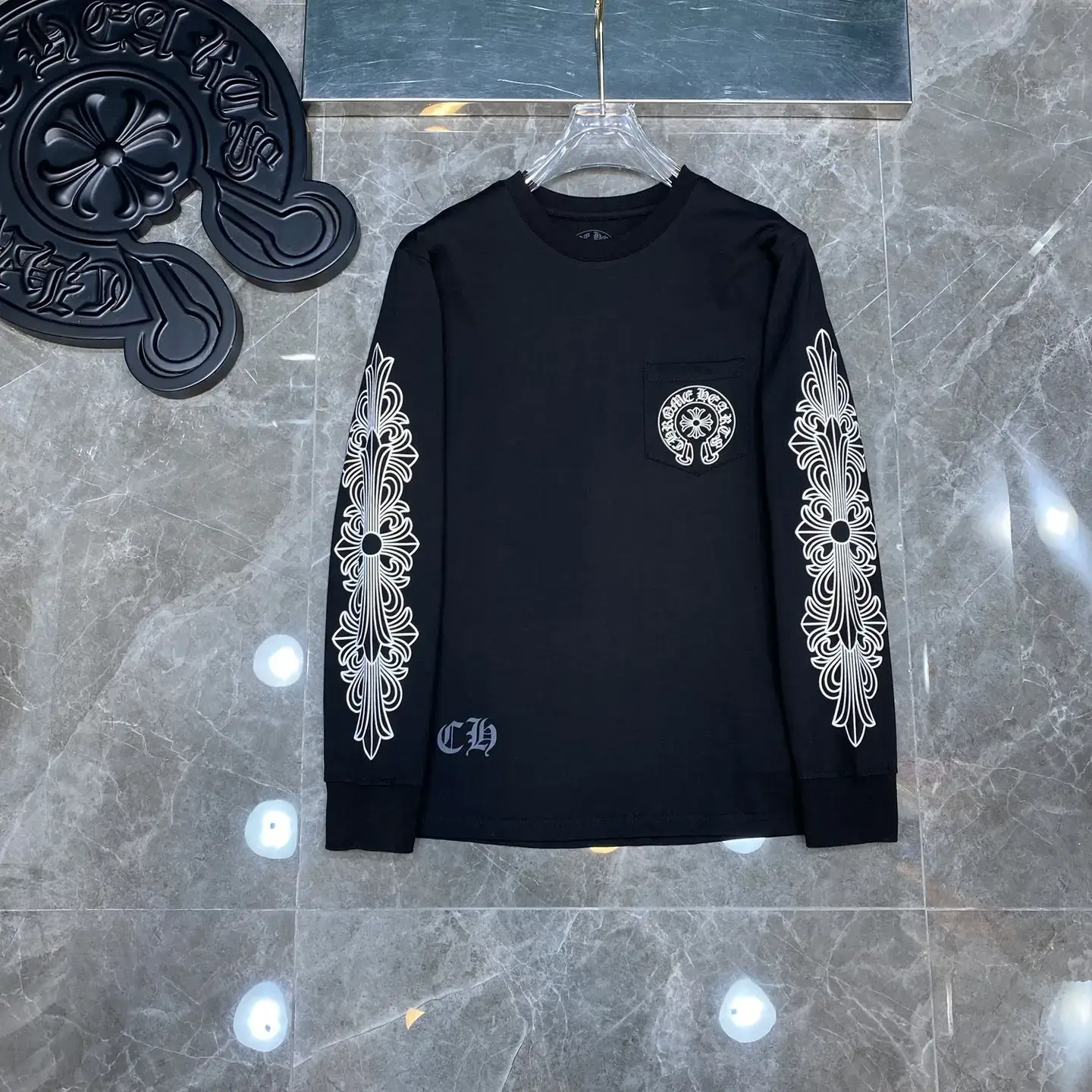 Cross-border Croma Chrome Heart Pocket Arm Horseshoe Printed Cotton Double Yarn Long Sleeve T-shirt for Men