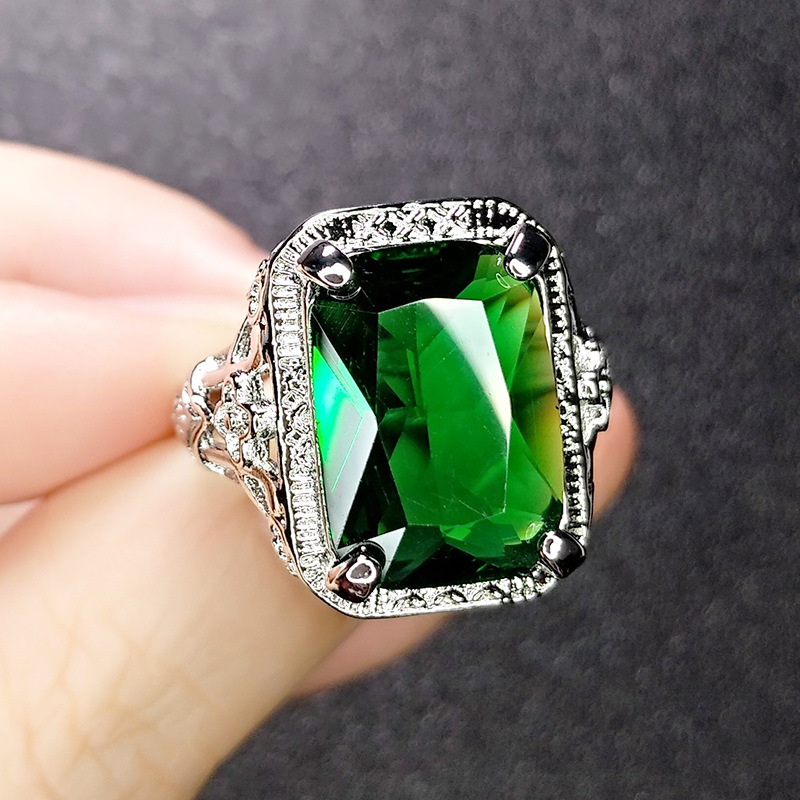 New Pigeon Hemoglobin Engagement Ring Hollow Pattern Square Diamond Ring European and American Imitation Emerald Tourmaline Ring