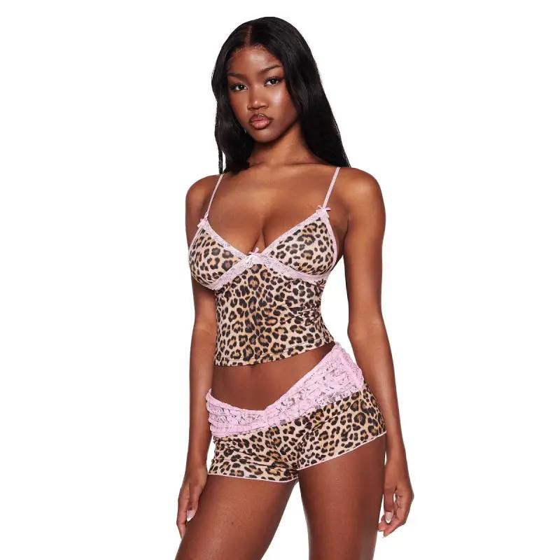I.Am.Gia Leopard Print Lace-Trimmed Camisole Slim-Fit Top Shorts Sexy Leopard Print Lace Color-Blocked Dress