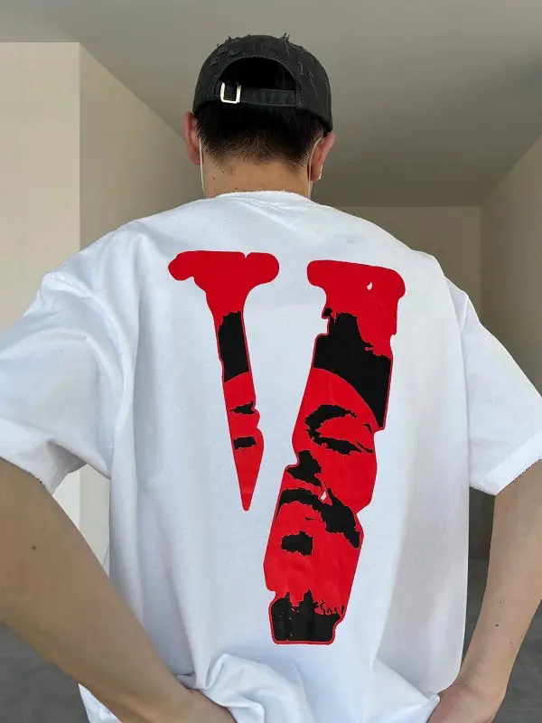 Vlone Gang Portrait Big V Letter Loose Cotton Casual Trendy Brand Men and Women Same Style Couple Pullover Short-Sleeved T-Shirt