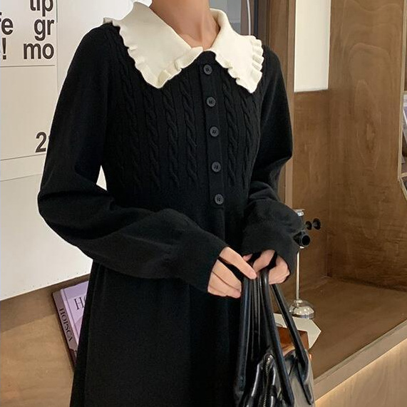 Zhonggou Xiaoba French style retro Lotus collar Tea break skirt elegant fashion design waist-tight knitted dress autumn and winter