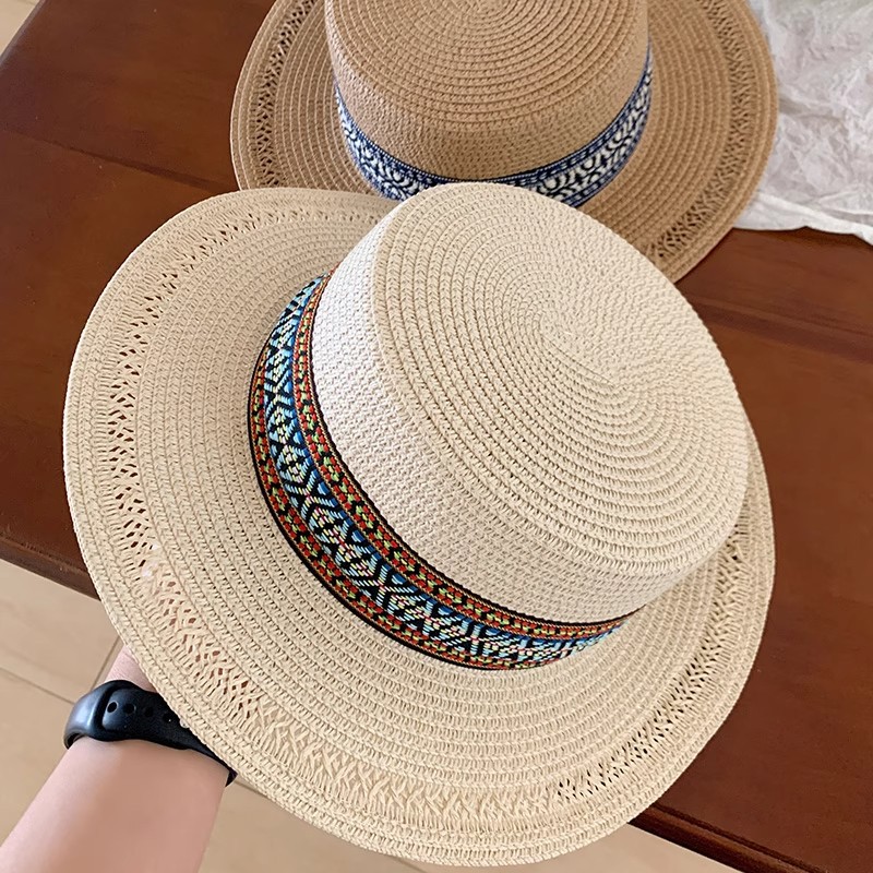 Ethnic Style Flat-Top Straw Hat for Women 2025 Summer New French Straw Sunshade Hat Seaside Vacation Style Hat