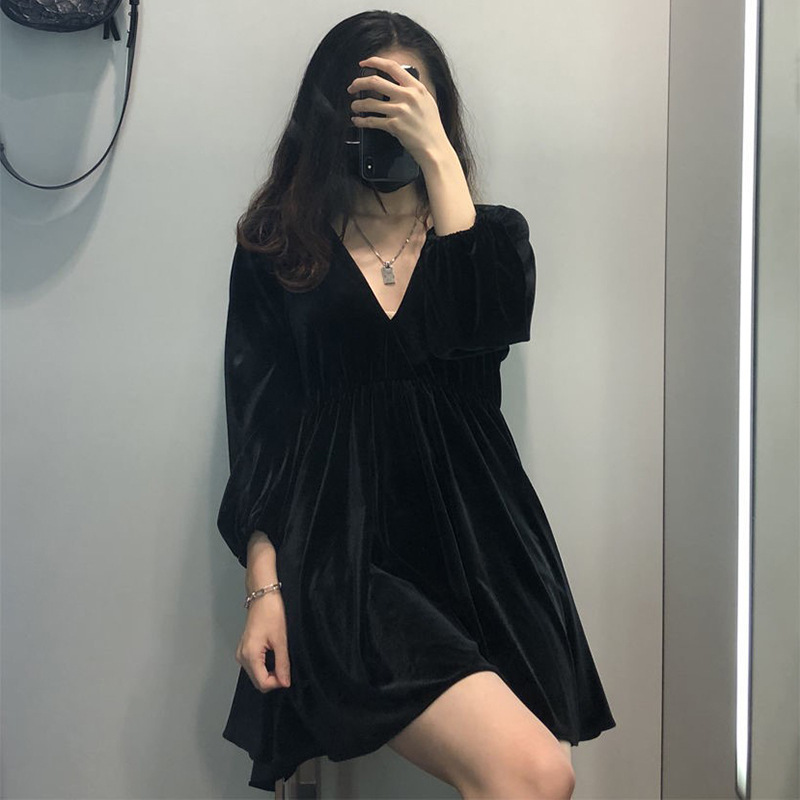 (200 wearable) Spring French retro socialite elastic high waist black v-neck long sleeve gold velvet dress women