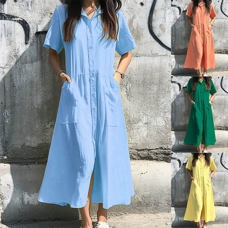 2025 New Spring and Summer European and American Amazon Independent Station Cross-border Women's Clothing Button Casual Pocket Short-sleeved Women's dress
