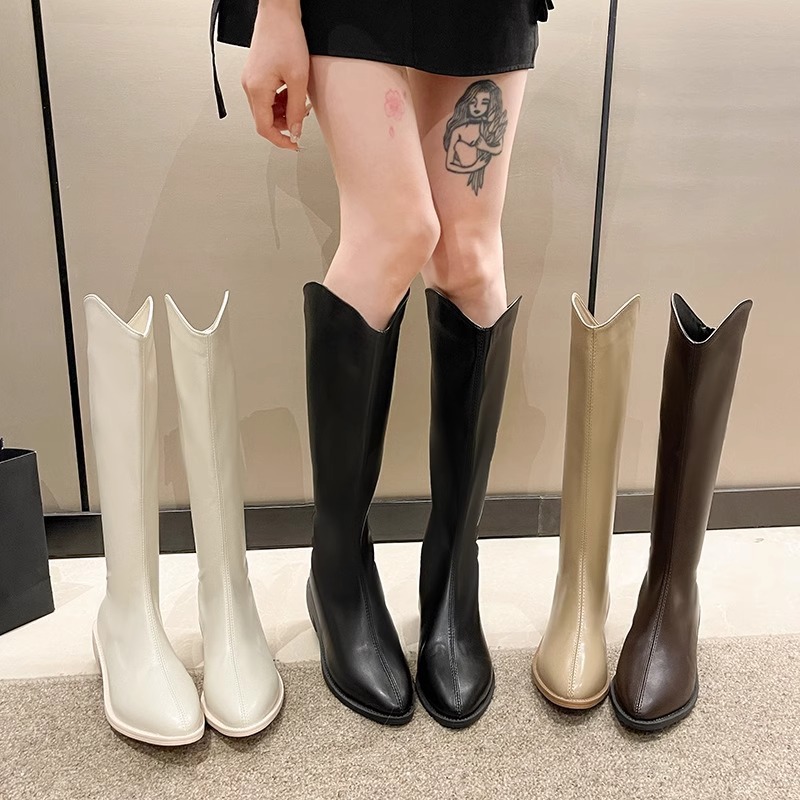 Genuine Leather Long Boots V-Mouth Milk Brown Spring and Autumn Chunky Heel Long Boots Women's Winter New Style Small High Boots