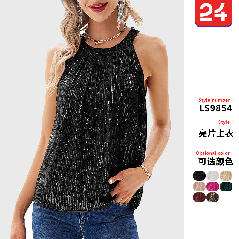 2026 Summer European and American Amazon Cross-Border New Women's Elegant Chiffon Shirt Round Neck Sleeveless Shirt Casual Top