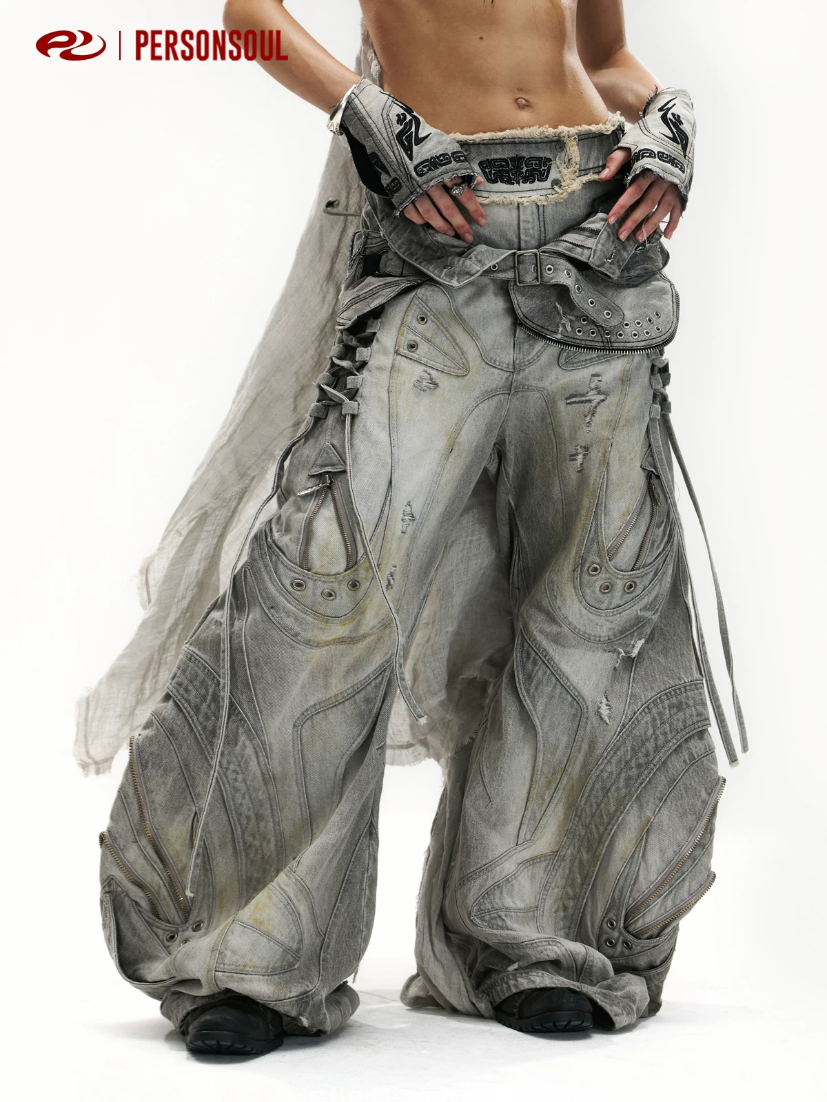Personsoul* Alien Alienoid Drawstring Adjustable Silhouette Patchwork Gray Jeans Alians Jeans