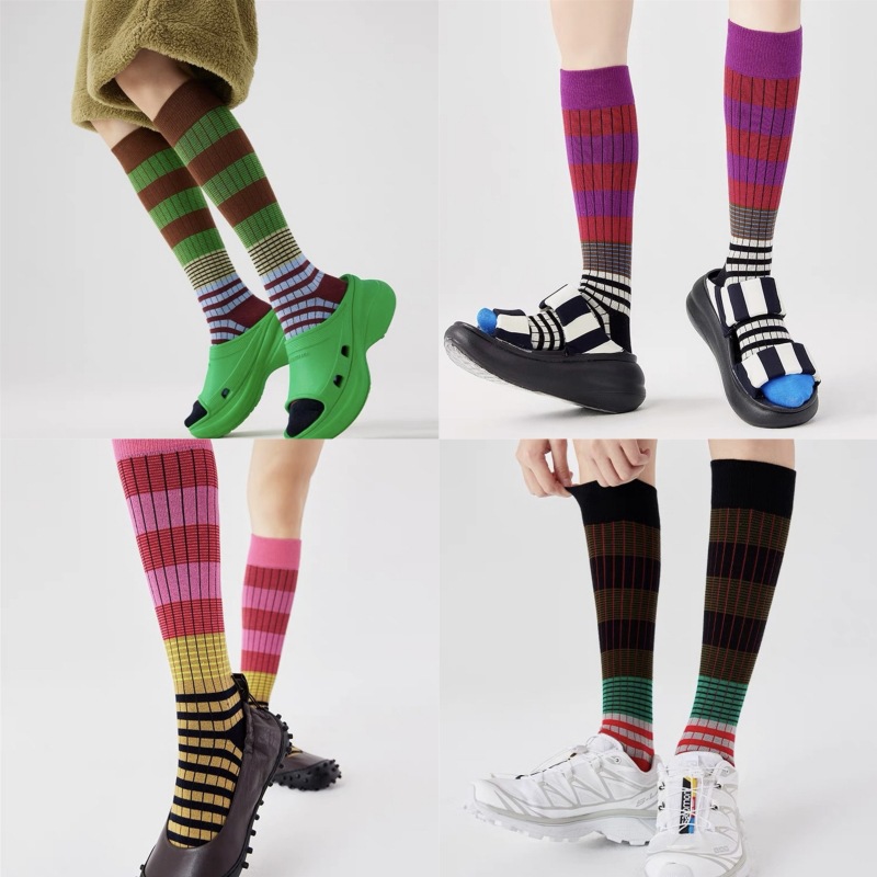 Gradient striped contrast color retro calf socks knee-length pile socks Internet celebrity men and women personality fashion pure cotton sports socks